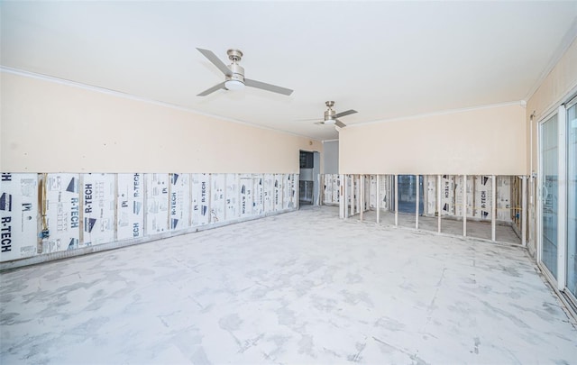 empty room with ceiling fan and ornamental molding