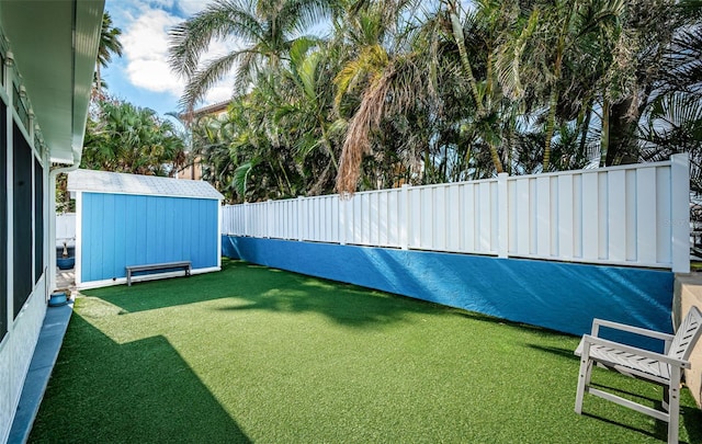 view of yard featuring a storage unit