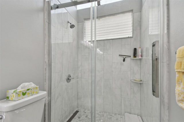 bathroom with toilet and a shower with door