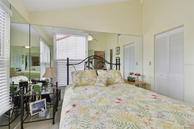 bedroom with lofted ceiling and two closets