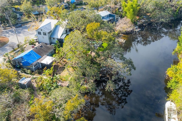 bird's eye view with a water view