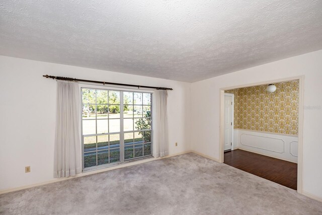 carpeted empty room with a textured ceiling