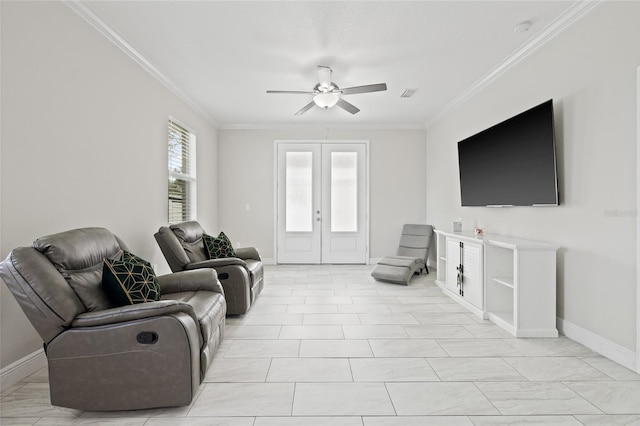 living room featuring french doors, ceiling fan, and ornamental molding