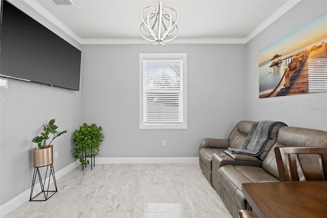 living area featuring crown molding and a notable chandelier