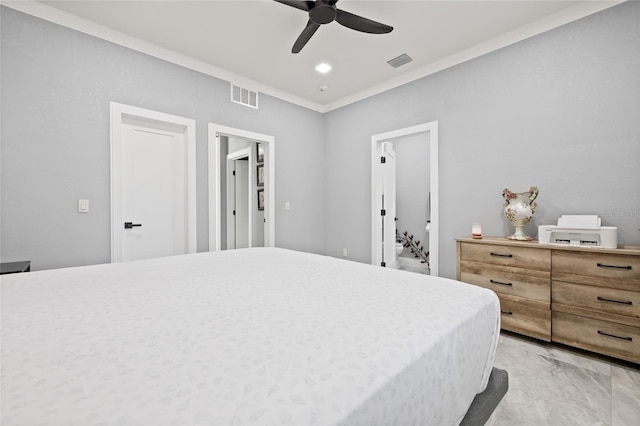 bedroom with ceiling fan and ornamental molding