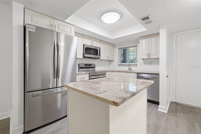 kitchen with decorative backsplash, appliances with stainless steel finishes, a tray ceiling, a kitchen island, and light stone counters