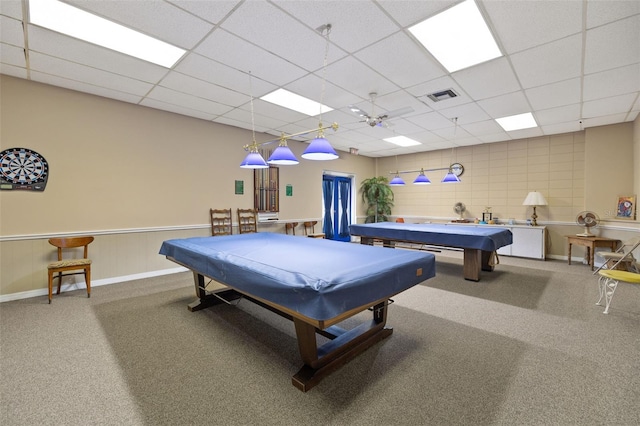 recreation room with ceiling fan, a drop ceiling, and pool table