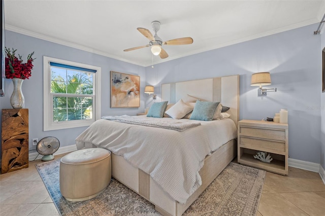 tiled bedroom featuring ceiling fan and ornamental molding