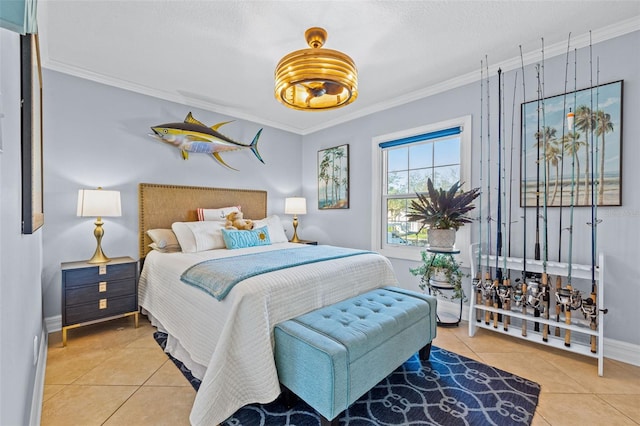 bedroom featuring light tile patterned floors and ornamental molding