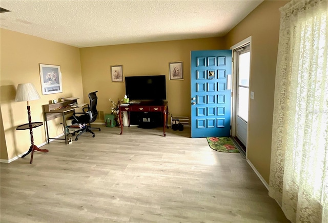 office area with a textured ceiling and light hardwood / wood-style flooring