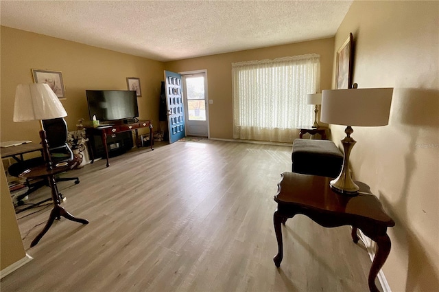 interior space featuring a textured ceiling and light wood-type flooring