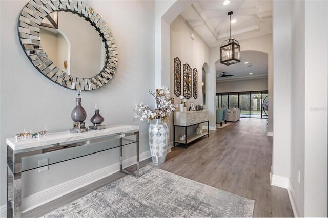 foyer entrance with hardwood / wood-style floors, a raised ceiling, ceiling fan, and crown molding