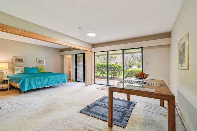 carpeted bedroom featuring a textured ceiling and access to exterior