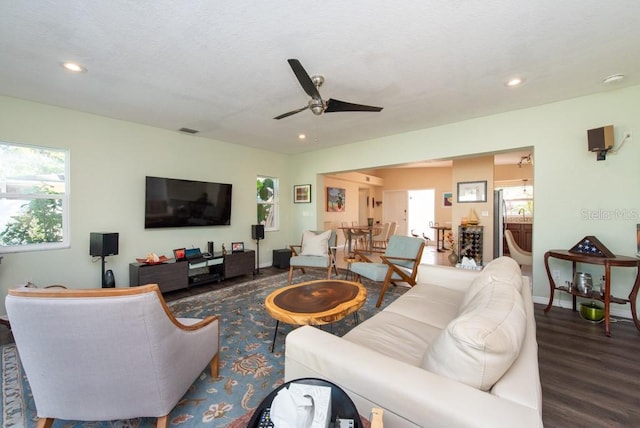 living room featuring ceiling fan and dark hardwood / wood-style floors