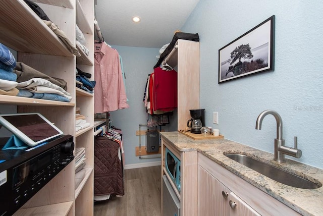 walk in closet with sink and wood-type flooring