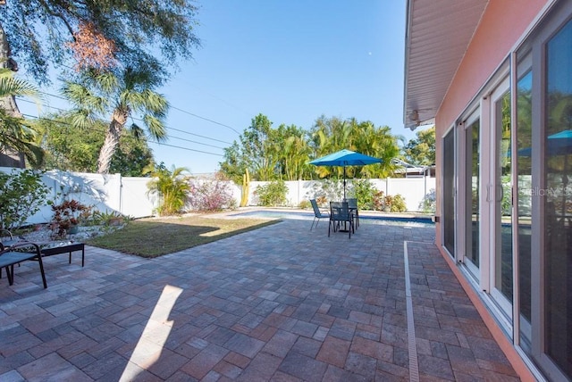 view of patio featuring a fenced in pool