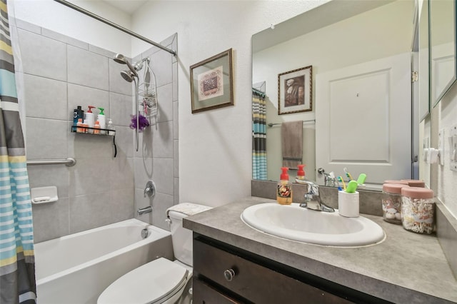 full bathroom with toilet, shower / tub combo, and vanity