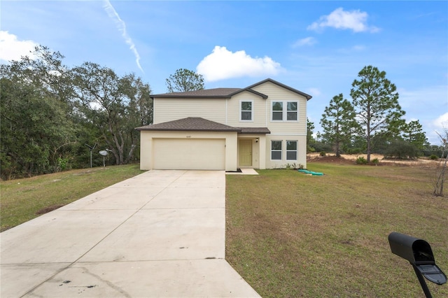 front facade featuring a front yard and a garage