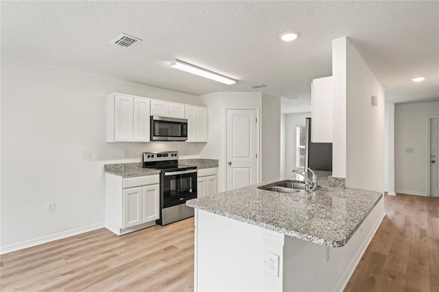 kitchen featuring kitchen peninsula, appliances with stainless steel finishes, a textured ceiling, sink, and white cabinetry