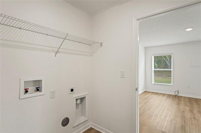 laundry room with hookup for a washing machine, a textured ceiling, light hardwood / wood-style flooring, and electric dryer hookup