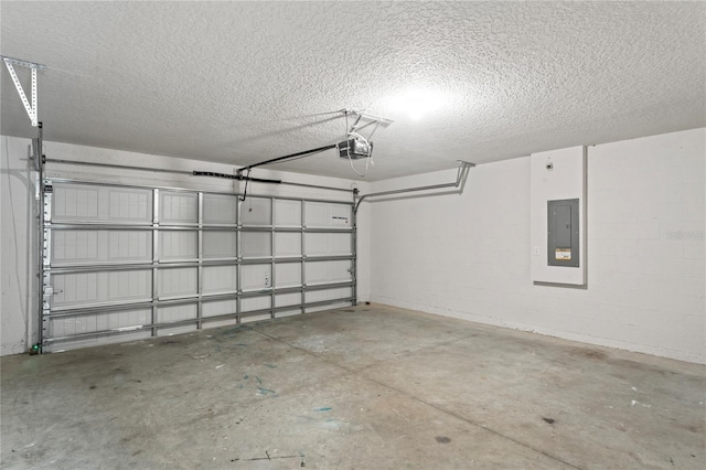 garage with electric panel and a garage door opener