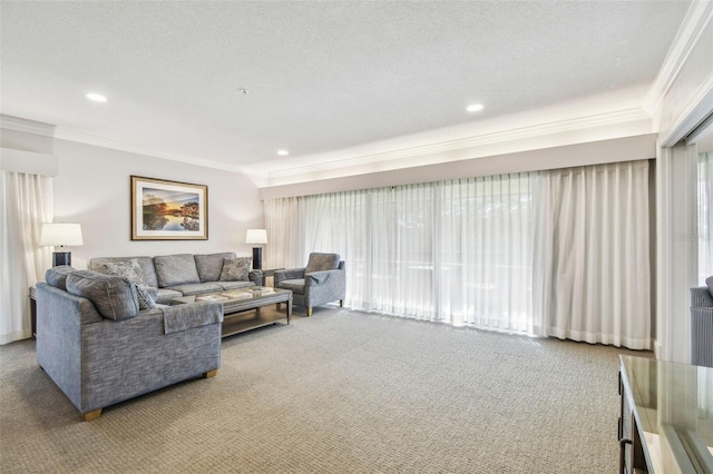 carpeted living room with a textured ceiling and ornamental molding