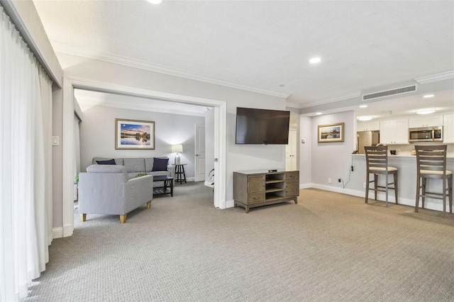 living room featuring light colored carpet and ornamental molding