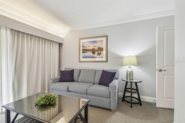 living room with light colored carpet and ornamental molding