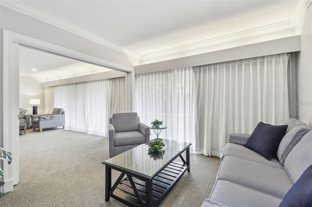 carpeted living room featuring a textured ceiling, plenty of natural light, and ornamental molding