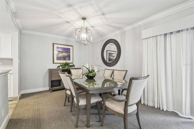 dining area featuring crown molding, light colored carpet, a textured ceiling, and a notable chandelier