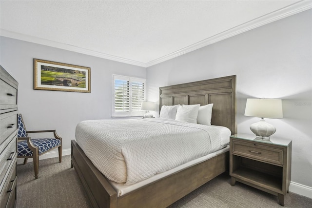 bedroom featuring dark carpet and crown molding