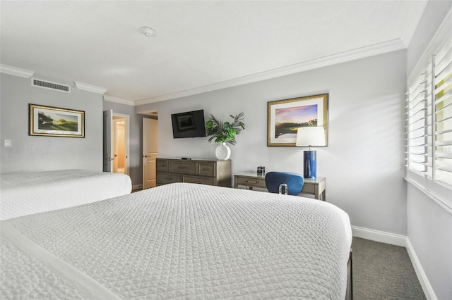 carpeted bedroom with multiple windows and crown molding