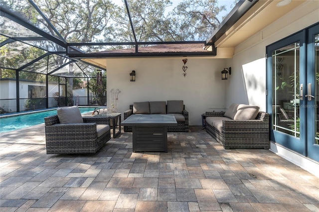 view of patio with a fenced in pool and outdoor lounge area