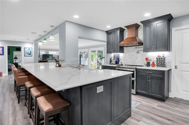 kitchen featuring stainless steel range oven, custom range hood, sink, light wood-type flooring, and backsplash