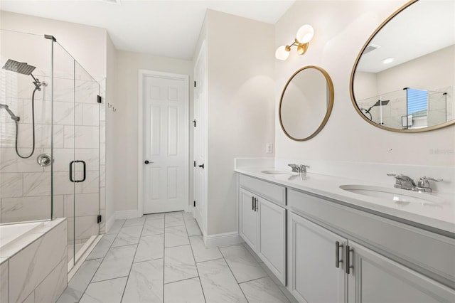 bathroom with plus walk in shower and vanity