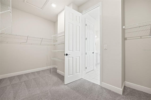 walk in closet featuring light colored carpet