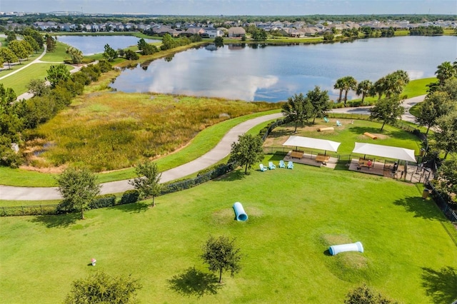 drone / aerial view with a water view