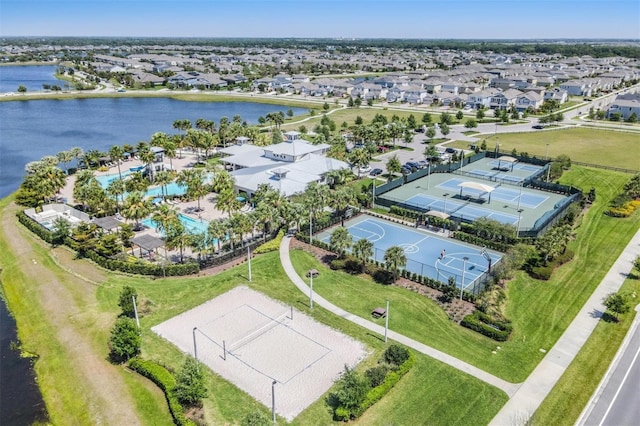 drone / aerial view with a water view