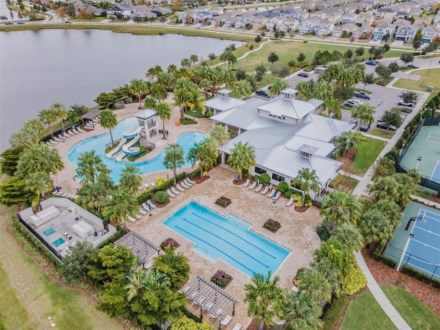 aerial view featuring a water view