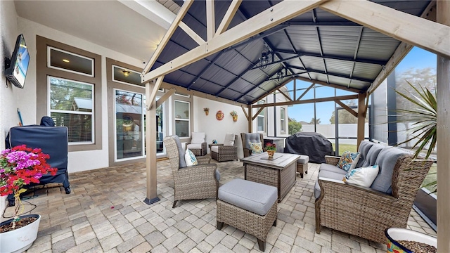 view of patio with a gazebo and an outdoor hangout area