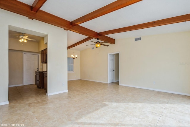 unfurnished room with ceiling fan with notable chandelier, light tile patterned floors, and vaulted ceiling with beams