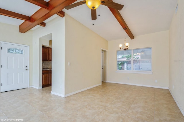 tiled empty room with ceiling fan with notable chandelier and beam ceiling