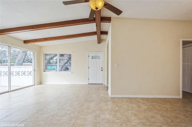 interior space with ceiling fan, light tile patterned flooring, and lofted ceiling with beams