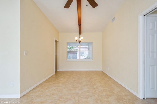 unfurnished room with beam ceiling, ceiling fan with notable chandelier, and light tile patterned floors