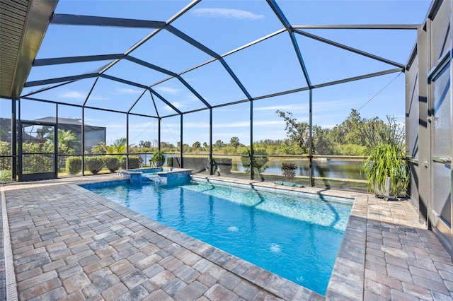 view of pool featuring a lanai, an in ground hot tub, a water view, and a patio