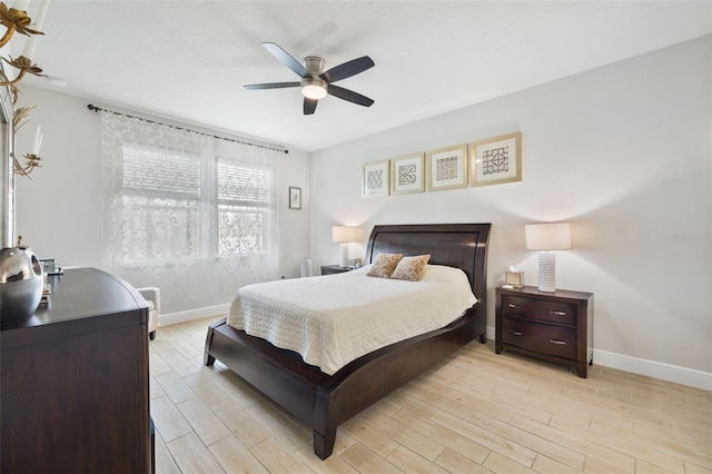 bedroom with ceiling fan and a textured ceiling