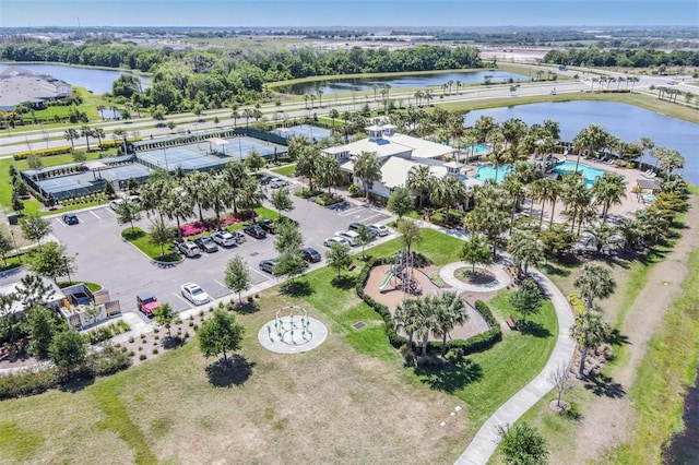 birds eye view of property featuring a water view