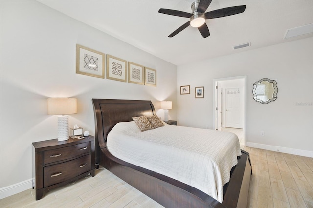 bedroom featuring ceiling fan and light hardwood / wood-style flooring