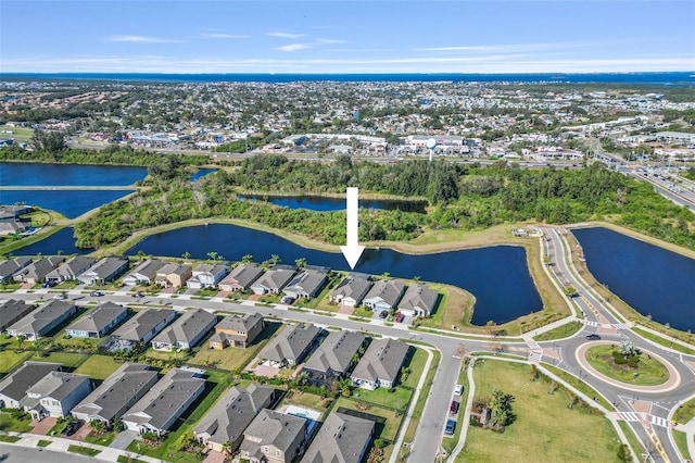 aerial view featuring a water view