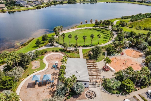 bird's eye view with a water view